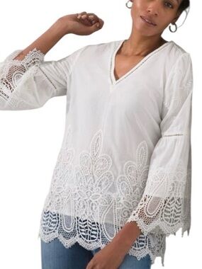 Size 3 Chico's White Lace-Trim V-Neck Tunic Top